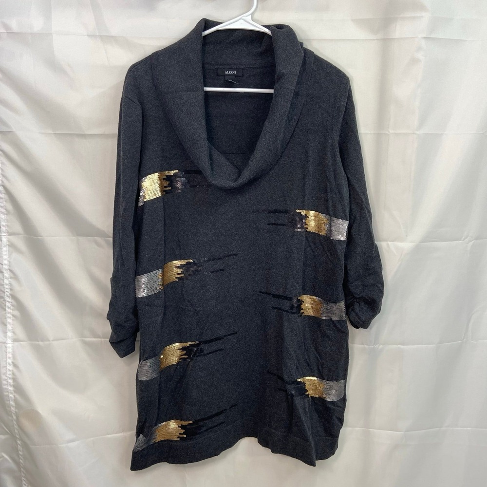 Alfani women's gray knit‎ sequin cowl neck ruched tunic sweater stretch large